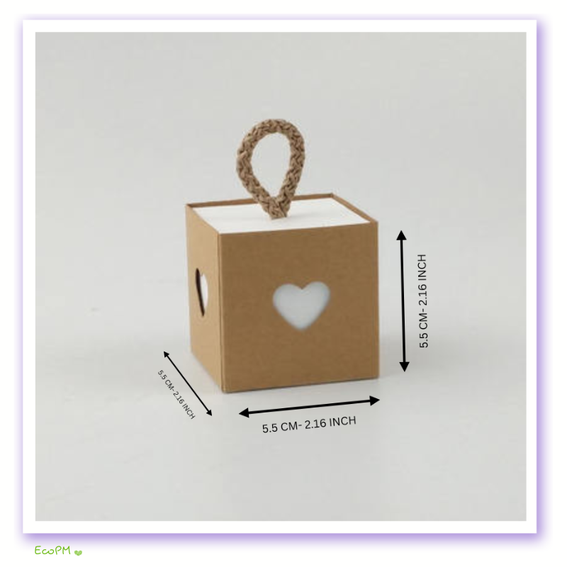 heartfelt-kraft-favor-box-50-pcs-set.png A single kraft favor box with a heart-shaped window and natural jute twine handle, dimensions 5.5 cm by 5.5 cm, exemplifying sustainable charm.