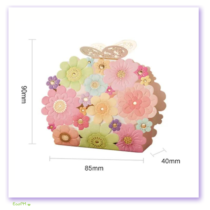 pastel-petals-favor-box-dimensions-90x85x40.png Pastel Petals Favor Box measuring 90 by 85 by 40 mm, adorned with multi-colored flowers and a gold butterfly clasp.