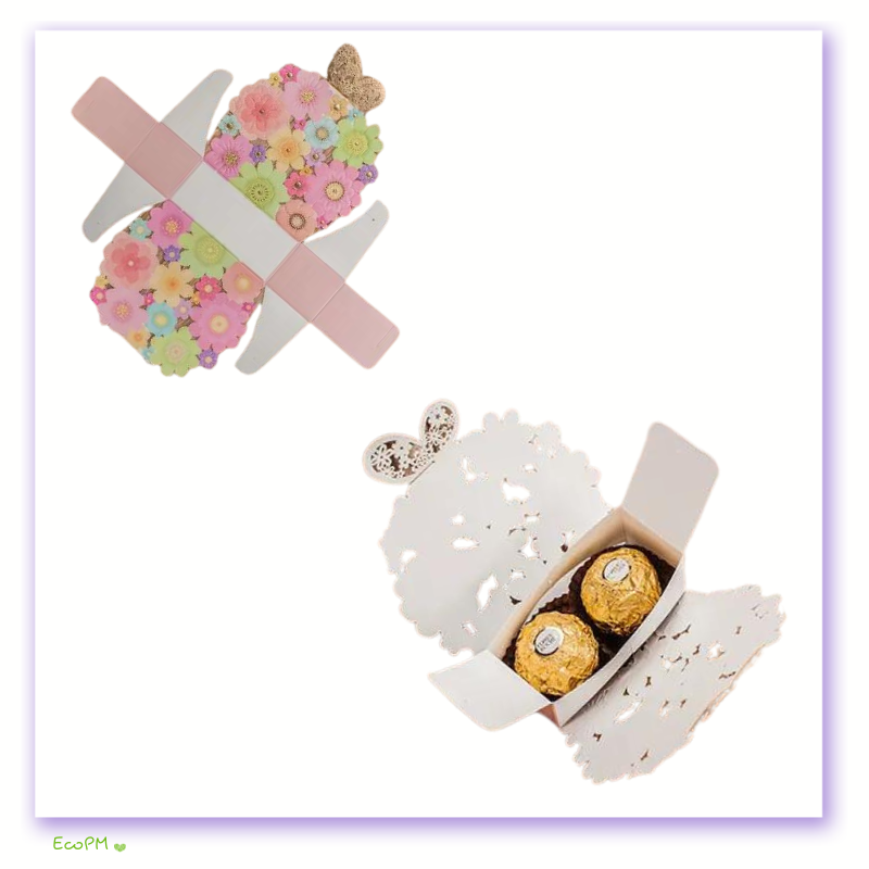 pastel-petals-favor-box-opened-with-treats.png An open Pastel Petals Favor Box revealing two golden wrapped treats, combining functionality with elegant design.