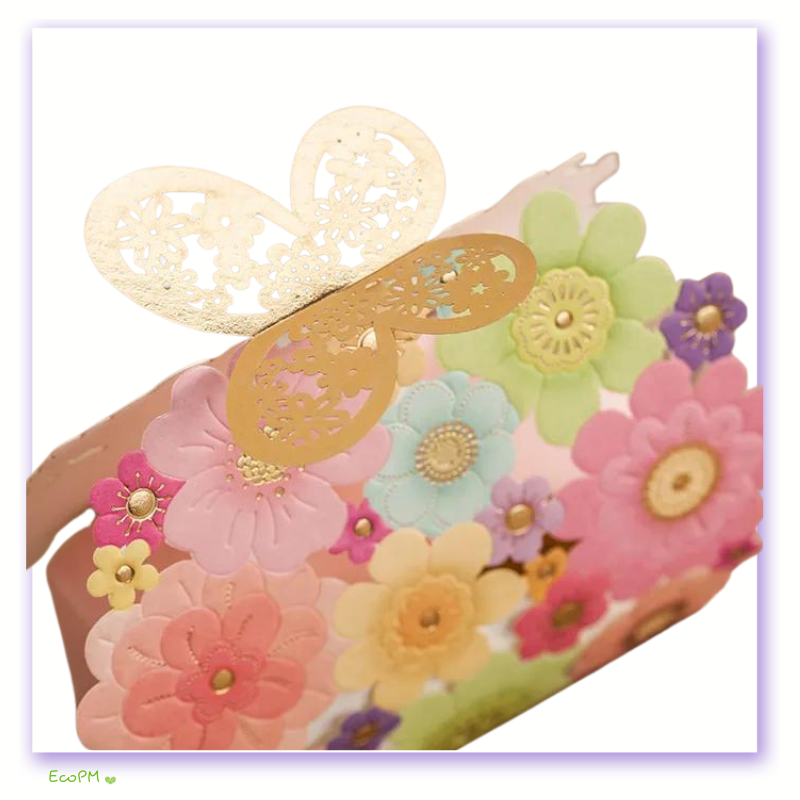 pastel-petals-favor-box-with-golden-clasp.png Side view of a pastel floral favor box with a golden butterfly clasp, ideal for elegant event gifting.