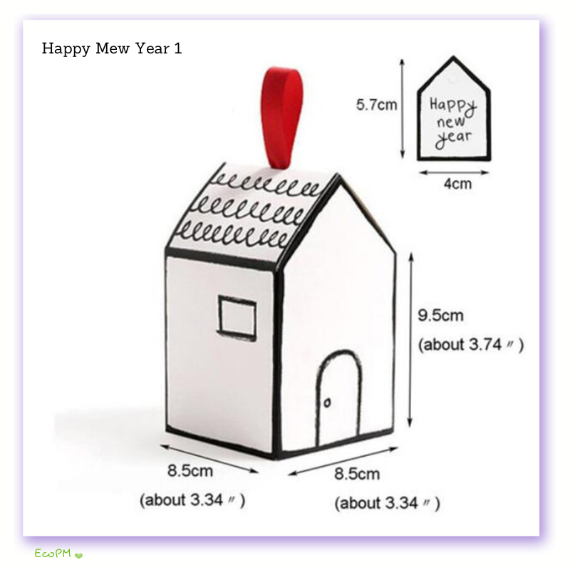 handcrafted-holiday-house-happy-new-year-1-favor-box-20pcs.jpg A handcrafted house-shaped favor box with 'Happy New Year 1' theme and a bright red ribbon, ideal for New Year's celebrations.