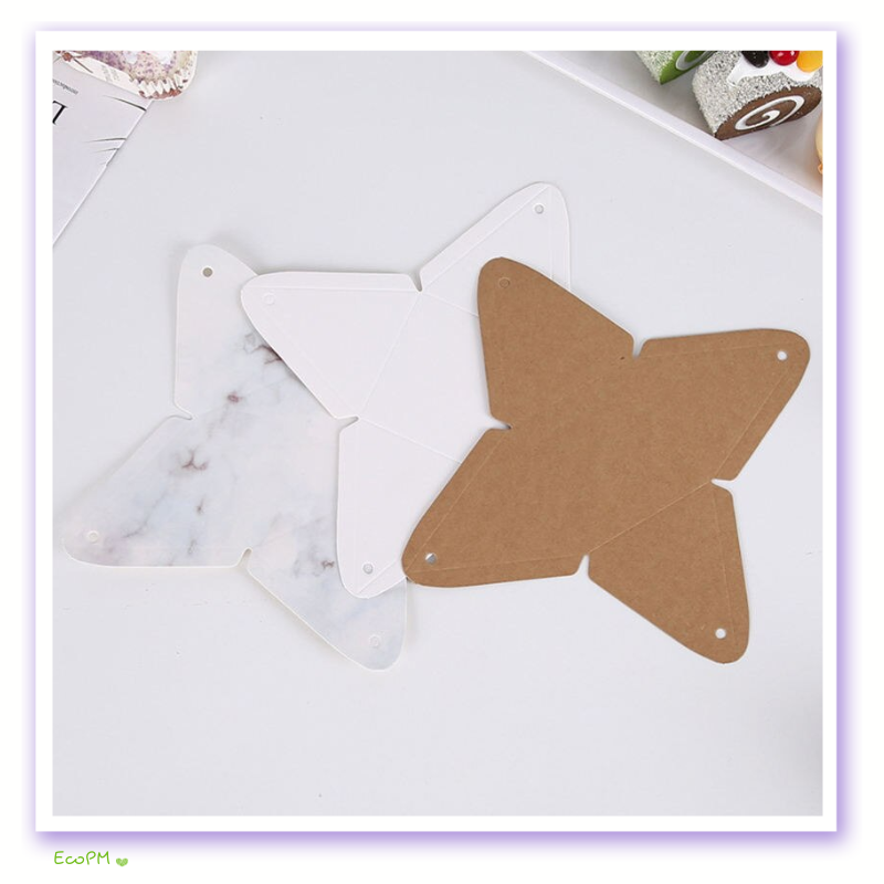 versatile-pyramid-favor-box-set-kraft-white.jpg Flat-laid kraft and white pyramid favor boxes pre-assembly, highlighting the versatile design and color options.