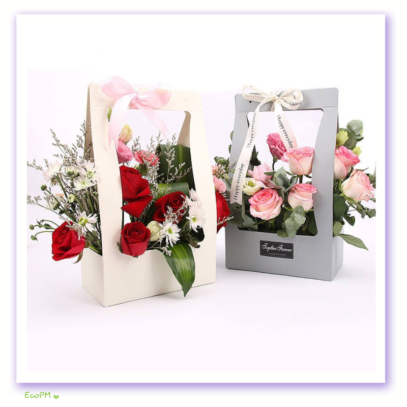 elegant-eco-flower-bags.png Elegant eco-friendly flower bags in beige and gray with lush floral arrangements.