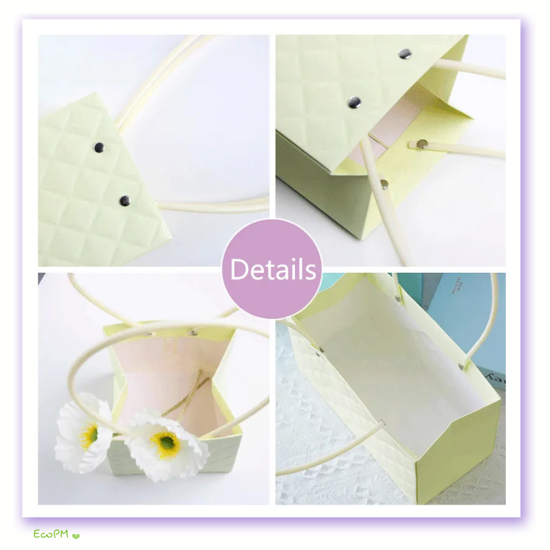 pastel-green-quilted-flower-bag-details.jpg Close-up of a pastel green quilted flower bag highlighting the intricate details and craftsmanship, with fresh daisies peeking out.