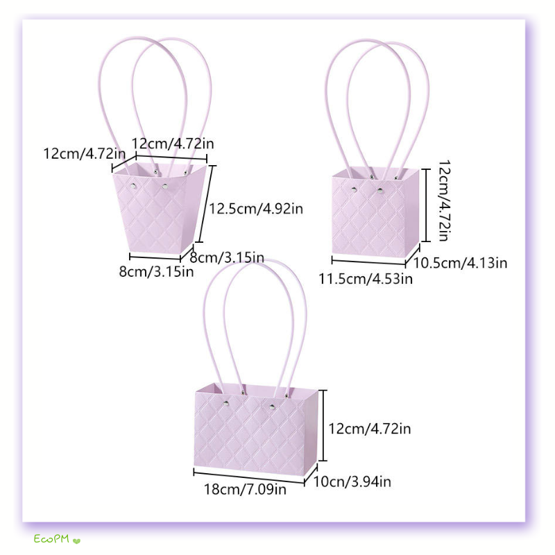 quilted-paper-flower-bags-dimensions.jpg An array of lavender quilted paper flower bags in various sizes with dimensions labeled, displayed against a white background.