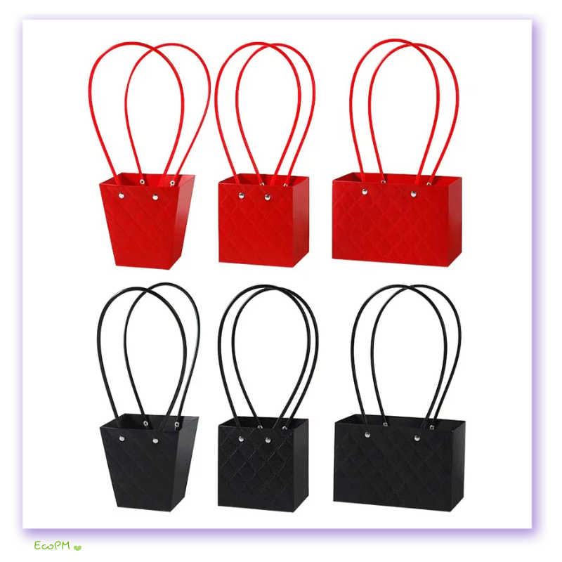 red-and-black-quilted-flower-bags.jpg A set of red and black quilted paper flower bags with sturdy handles, perfect for elegant floral arrangements.