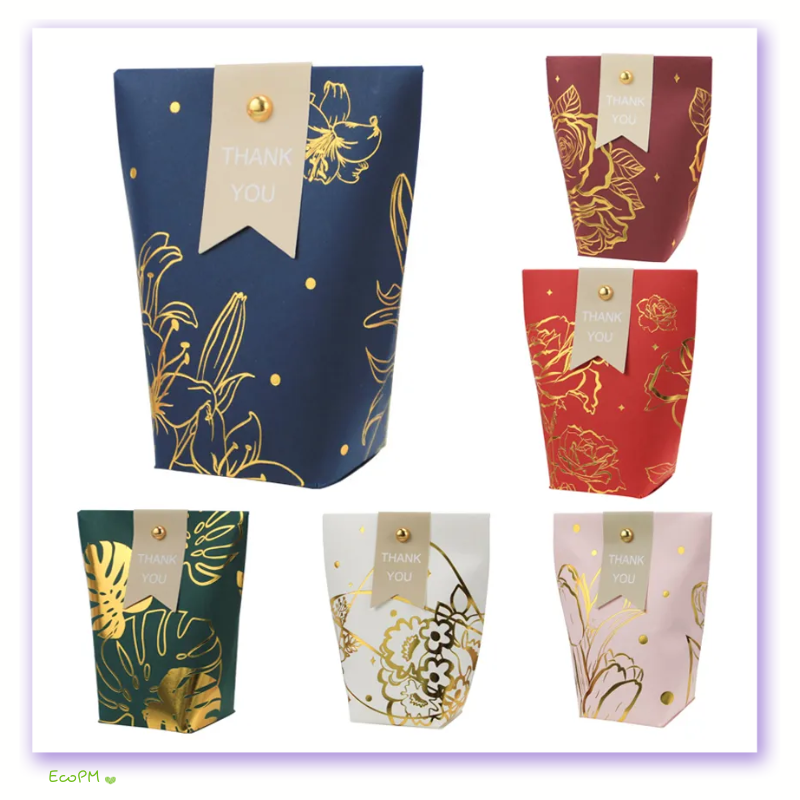 assorted-golden-floral-thank-you-favor-bags.png Collection of Assorted Color Favor Bags with Golden Floral Patterns and Thank You Tags
