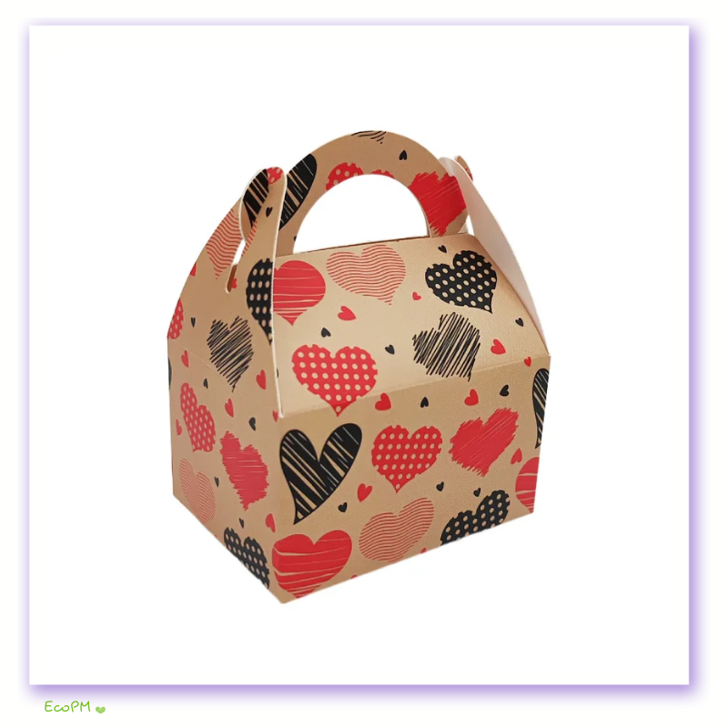 assorted-hearts-gable-box.png Assorted hearts pattern on a kraft gable gift box, ideal for romantic occasions.