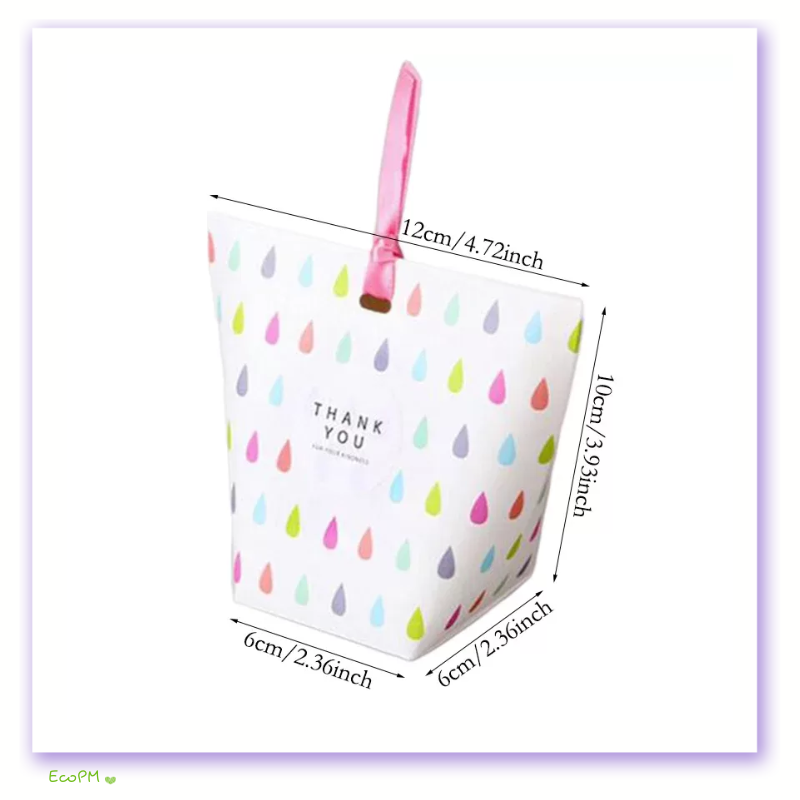 colorful-raindrop-pattern-favor-box.png A white favor box adorned with a colorful raindrop pattern and a pink ribbon handle, dimensions labeled.