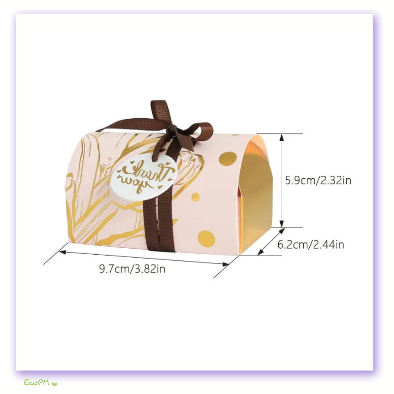 cream-botanical-thank-you-favor-box.png Cream Botanical Thank You Favor Box with gold polka dots and brown ribbon, dimensions displayed.