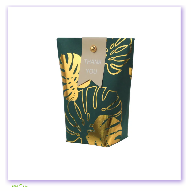 emerald-green-golden-monstera-thank-you-favor-bag.png Emerald Green Favor Bag with Golden Monstera Leaf Design and Thank You Tag