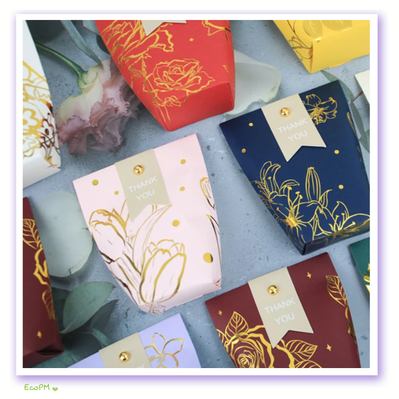 golden-floral-favor-bags-collection.png Assorted Golden Floral Favor Bags with 'Thank You' Tags in Various Colors