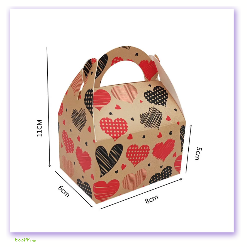 love-hearts-gable-gift-box.png Kraft gable gift box with colorful heart patterns against a natural background.