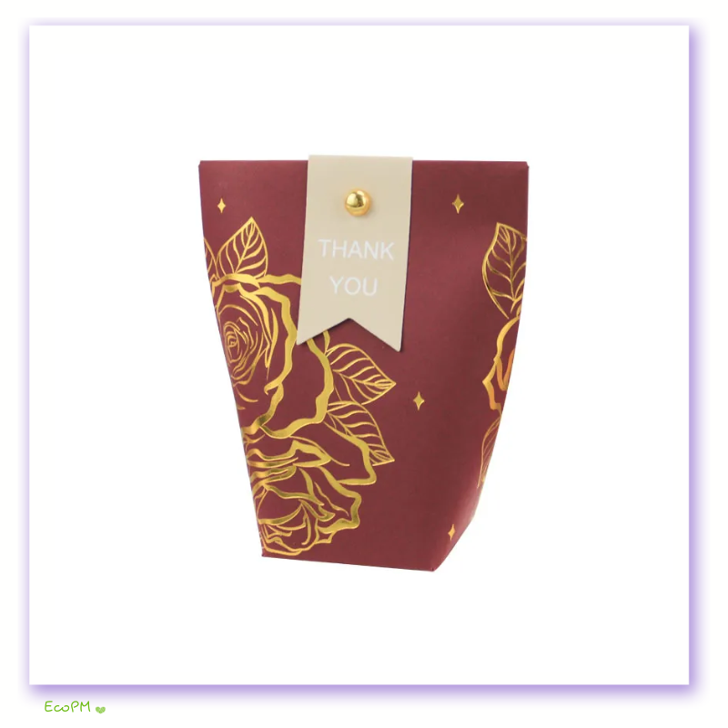 maroon-gold-rose-thank-you-favor-bag.png Maroon Favor Bag with Gold Rose Patterns and Thank You Tag