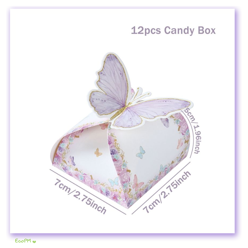 butterfly-floral-candy-box.png A white candy box with a delicate floral pattern and a large, decorative purple butterfly on top, indicating dimensions of 7 cm by 7 cm by 5 cm.
