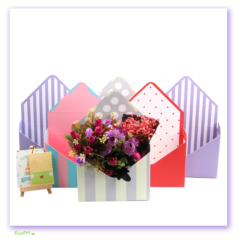 colorful-envelope-flower-boxes.png Assorted colorful envelope-shaped flower boxes filled with blooms