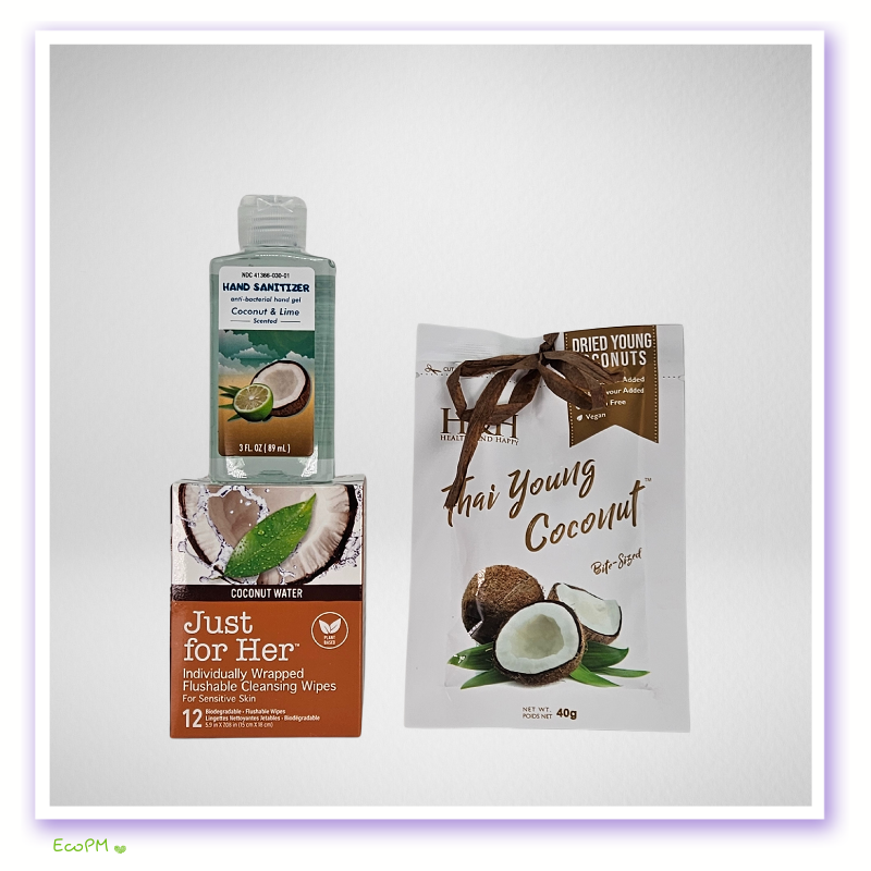 Coconut-Lime-Sanitizer-and-Snacks-Ecopartymarket.png Coconut water cleansing wipes, coconut & lime hand sanitizer, and dried young coconuts.