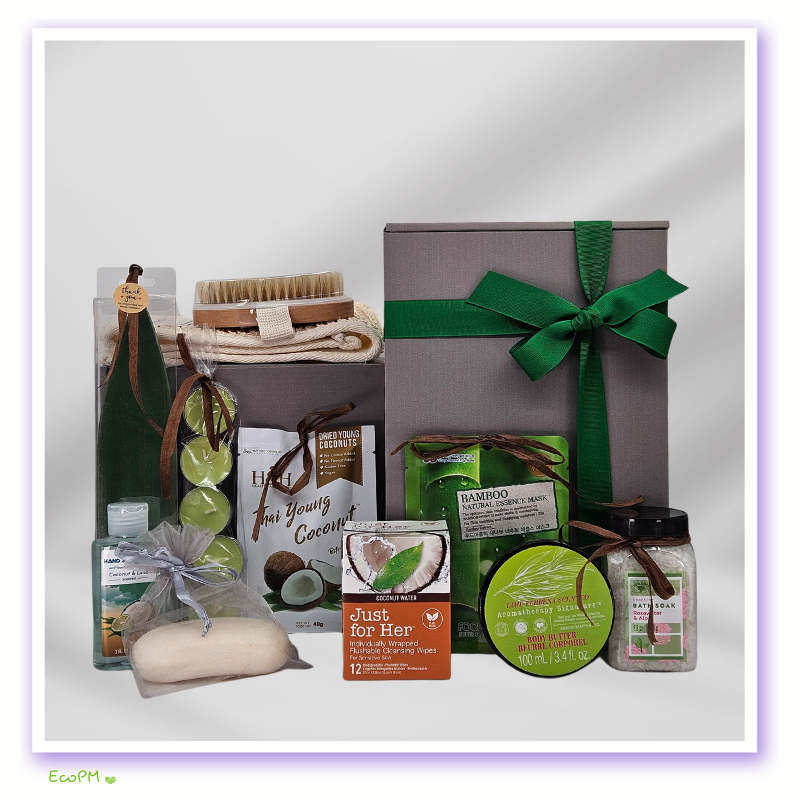 Gray-Green-Gift-Box-Open-Ecopartymarket.png Comprehensive gift box with coconut-themed hygiene and wellness products.