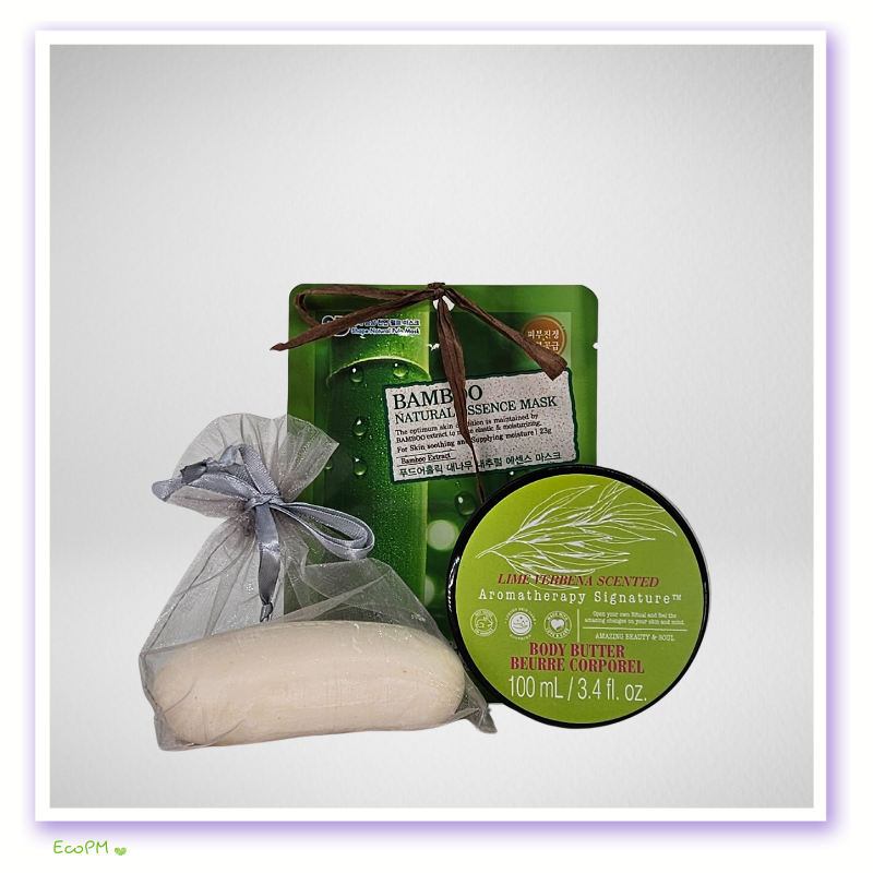 Lime-Verbena-Body-Butter-and-Bamboo-Mask-Ecopartymarket.png Natural wellness and bath set with bamboo essence mask and body butter.