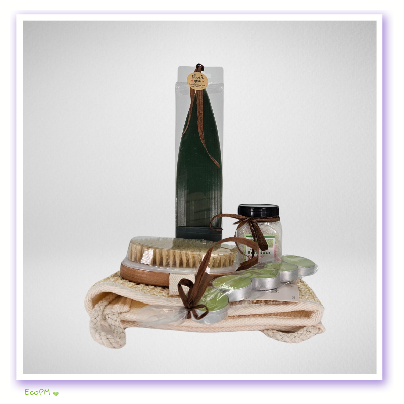 Minimalist-Eco-Gift-Set-Ecopartymarket.png Eco-friendly bath essentials collection with natural brushes and herbal soaps.
