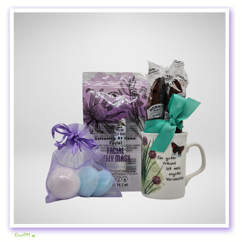 azure-collection-relaxation-treats.jpg Home spa kit with facial masks, bath bombs, and Swiss chocolate in a mug.