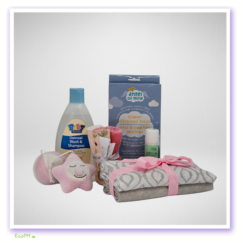 blissful-baby-care-essentials-minimal-setup.jpg Essential baby care set with oatmeal wash, diaper disposal bags, and washcloth