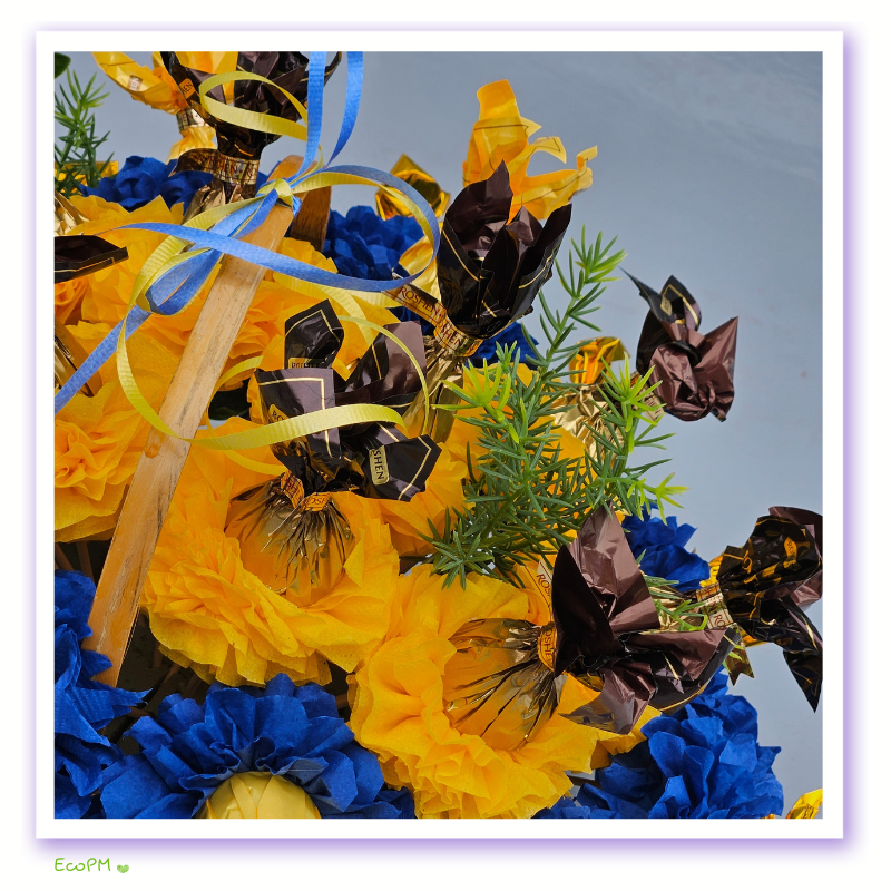 blue-and-gold-bliss-basket-closeup.jpg Close-up of Blue and Gold Bliss Basket chocolates and flowers