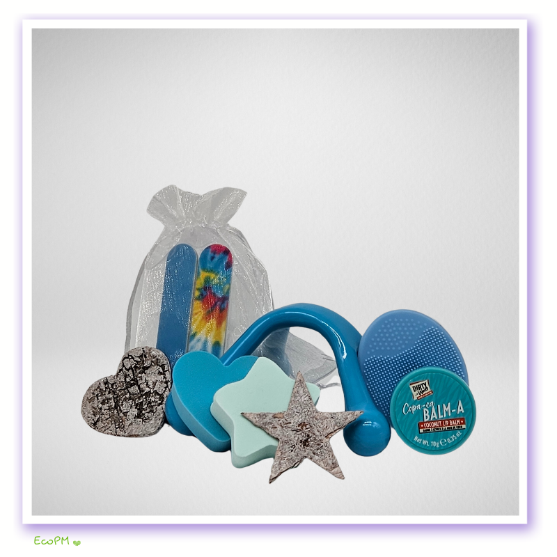 blue-serenity-spa-massage-tools.jpg Detailed view of Blue Serenity gift set featuring massage tools and a colorful bath fizzer.