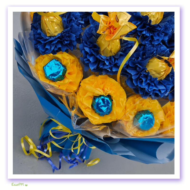 blue-yellow-chocolate-bouquet-closeup-1.jpg Close-up of yellow and blue chocolate flowers
