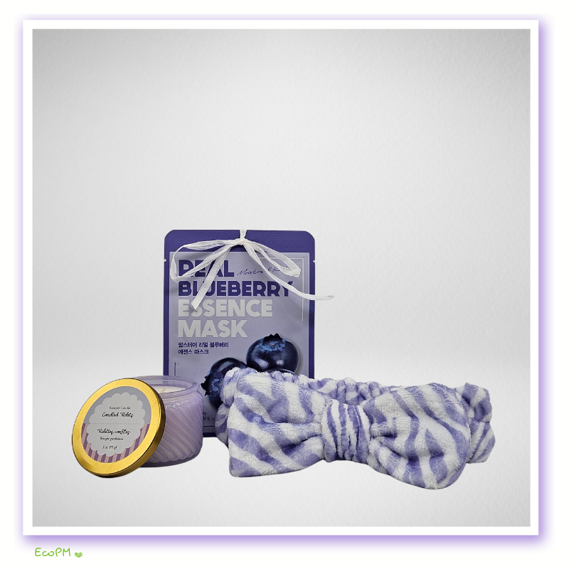 blueberry-mask-and-spa-items.jpg Blueberry essence mask with spa headband and candle.