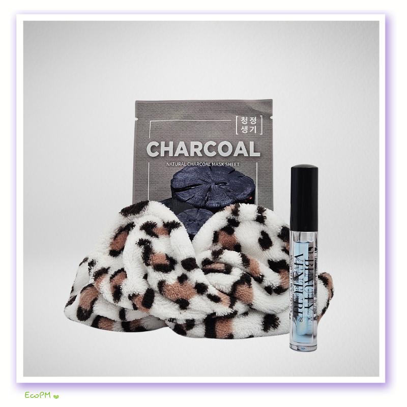 charcoal-and-beauty-essentials.jpg Charcoal facial mask and beauty essentials in leopard print headband
