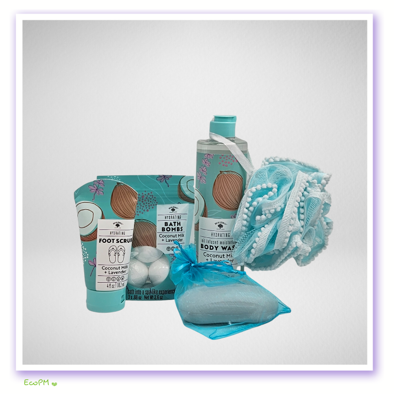 coconut-lavender-spa-collection.jpg Coconut lavender foot scrub and bath bombs in blue spa set