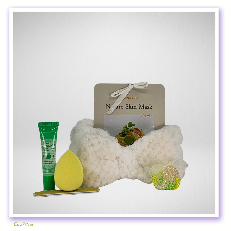 eco-friendly-spa-day-essentials.jpg Cozy spa essentials with nature skin mask and bath accessories in yellow box