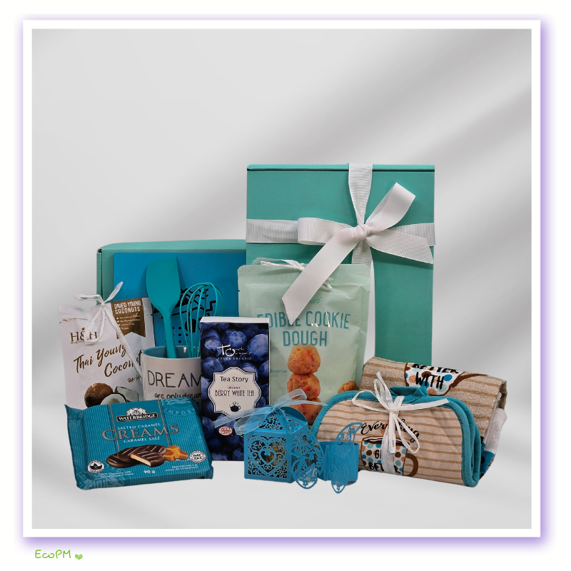 eco-friendly-teal-gift-box-collection.jpg Turquoise gift box collection featuring organic treats and kitchen utensils