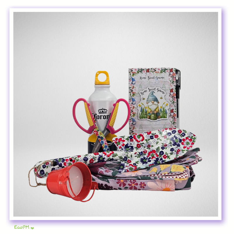 gardeners-relaxation-kit-components.jpg Compact display of gardener's relaxation kit with tools and notebook.