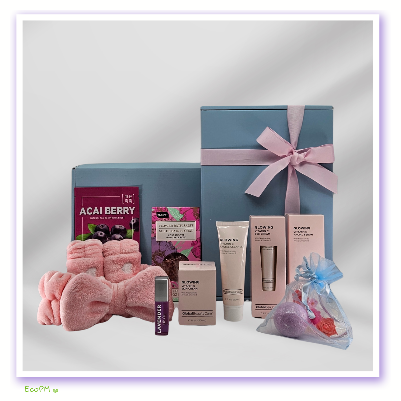 luxurious-spa-gift-box-blue-and-pink.jpg Unpacked blue gift box with skin care products and acai berry mask.