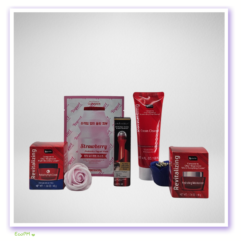 luxury-skincare-gift-set-in-red.jpg Collection of skincare products including strawberry probiotic mask and revitalizing creams.