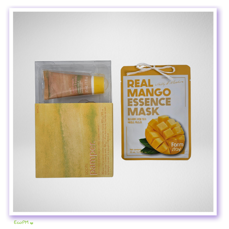 mango-essence-mask-pampering-set.jpg Pampering set with mango essence mask and summer skincare products.