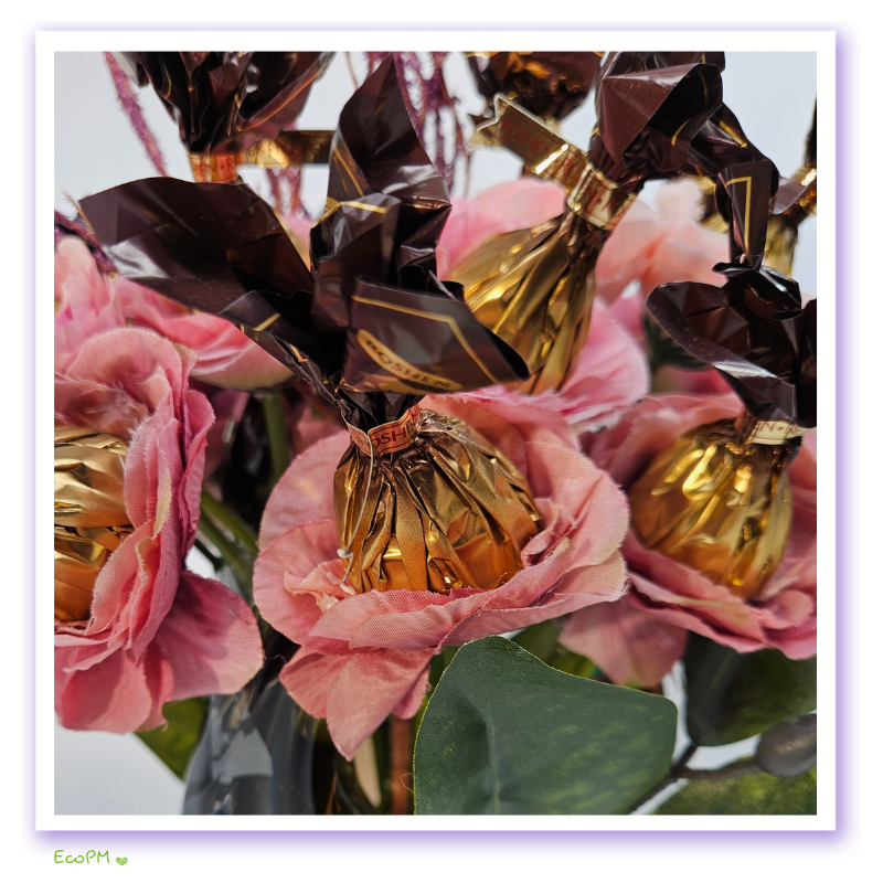 Detailed view of Rosy Elegance Chocolate Bouquet with silk roses and chocolates Rosy Elegance Chocolate Bouquet Detail.png