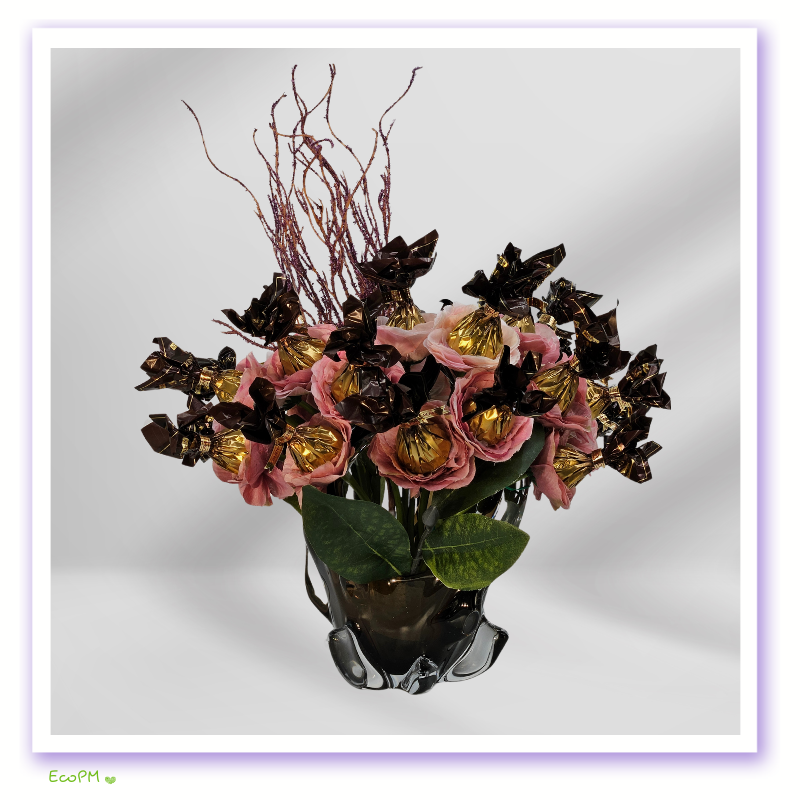 rosy-elegance-chocolate-bouquet-full.png Full view of Rosy Elegance Chocolate Bouquet with silk roses and premium chocolates in a vase