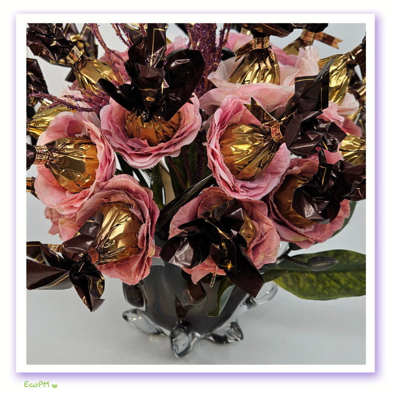Side view of Rosy Elegance Chocolate Bouquet with silk roses and chocolates Rosy Elegance Chocolate Bouquet Side.png