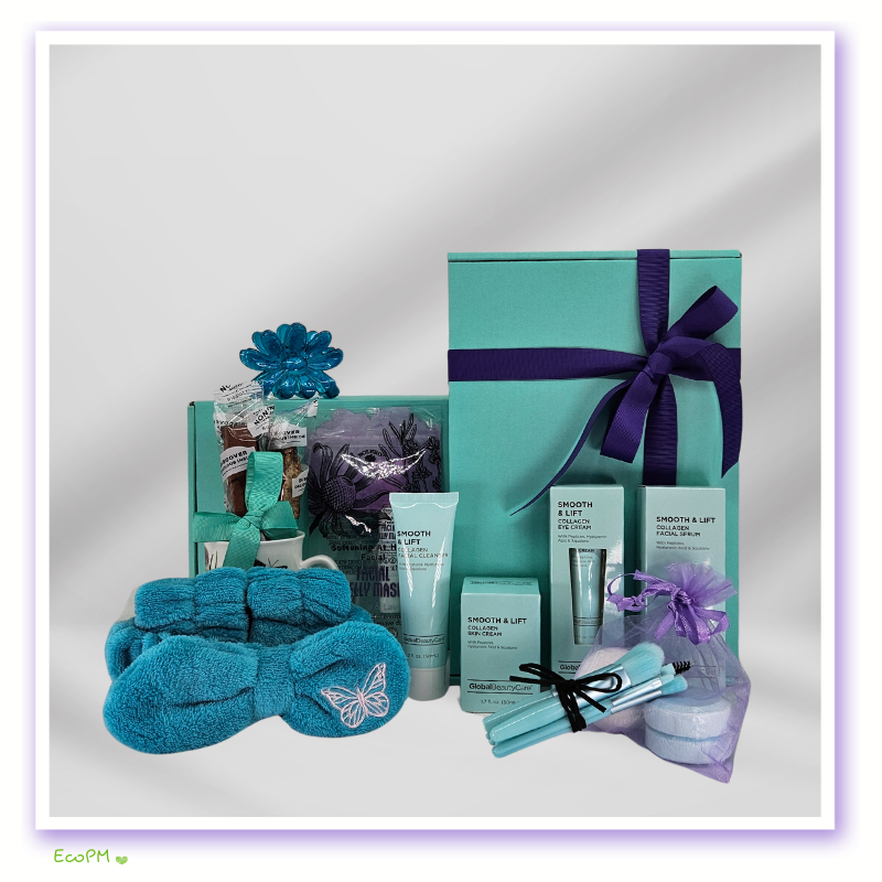 soothing-azure-wellness-collection-box-contents.jpg Comprehensive home spa gift box with skin care products and spa accessories.