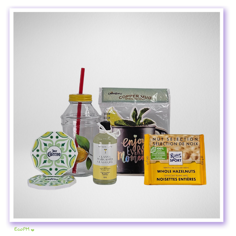 stylish-sustainable-gift-set-items-display.jpg Yellow gift box with gourmet nuts, margarita mix, and spa items