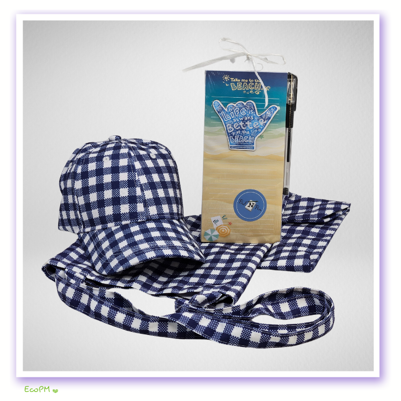 summer-cap-beach-accessories-set.jpg Blue checkered summer cap with beach-friendly accessories in a gift set.