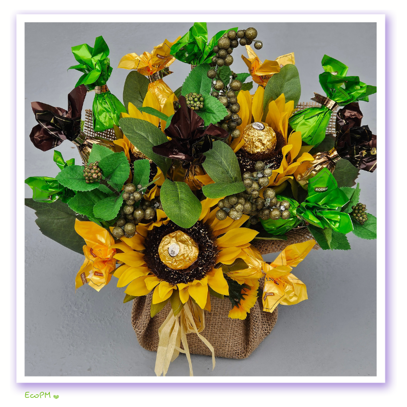 sunflower-bliss-chocolate-bouquet-2.jpg Top view of Sunflower Bliss Chocolate Bouquet with Ferrero Rocher chocolates