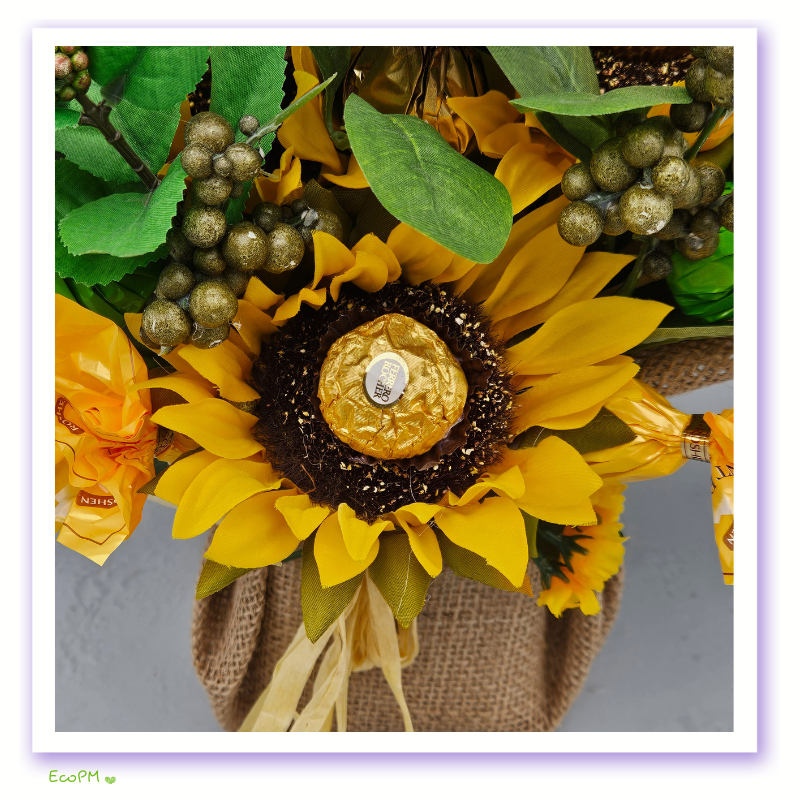 sunflower-bliss-chocolate-bouquet-4.jpg Detailed view of Ferrero Rocher chocolate in Sunflower Bliss Bouquet