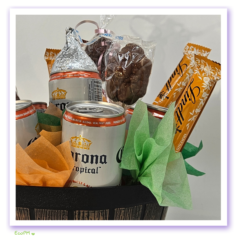 tropical-cheers-beer-chocolate-basket-sideview Side view of Tropical Cheers Beer and Chocolate Basket with colorful chocolates