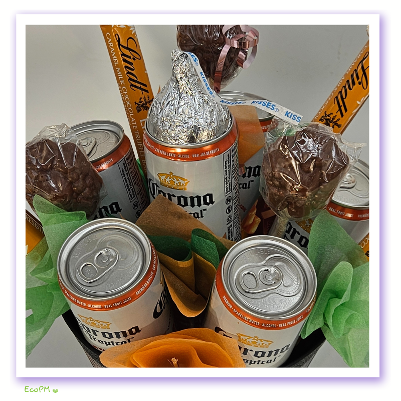 tropical-cheers-beer-chocolate-basket-topview Top view of Tropical Cheers Beer and Chocolate Basket with Corona Tropical beers and chocolates