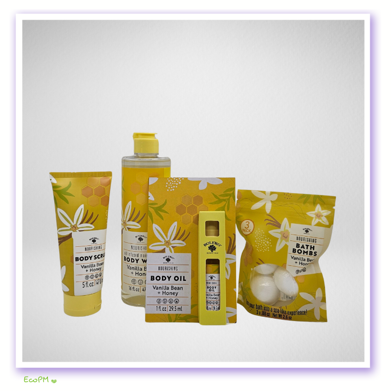 vanilla-honey-body-care-products.jpg Vanilla and honey body scrub, body oil, and bath bombs on display, perfect for pampering.