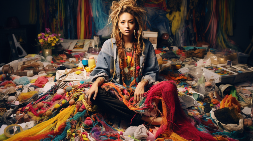 Eco-conscious artist surrounded by colorful, creative materials in studio.